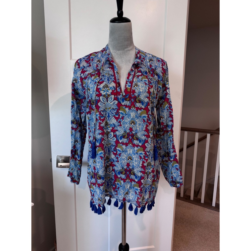 Roller Rabbit Womens Paisley Tassel Trim Tunic Top Pink Blue Small